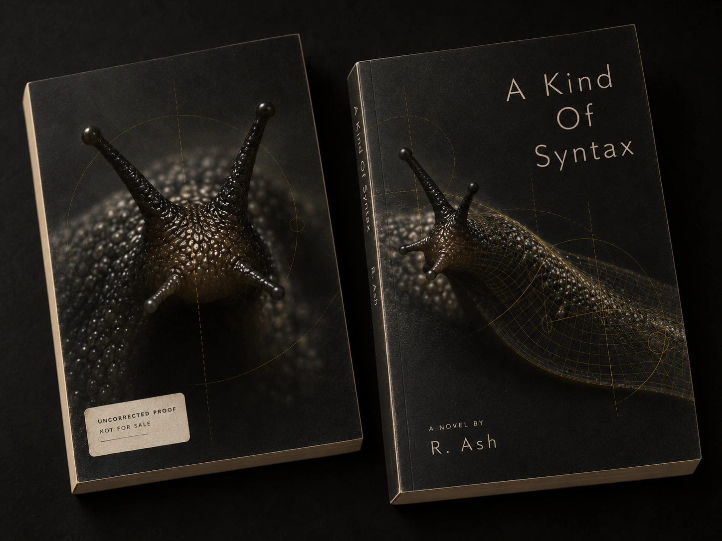 Two dark book mockups showing the A Kind of Syntax cover and an uncorrected proof.