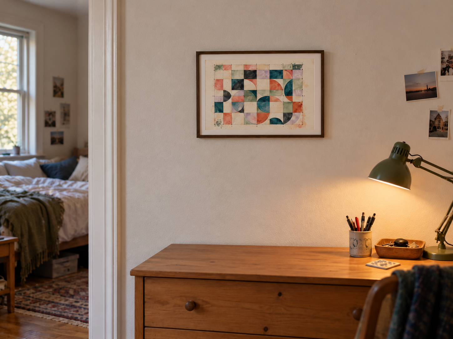 Geometric abstract artwork with painted modular shapes and plotted linework.
