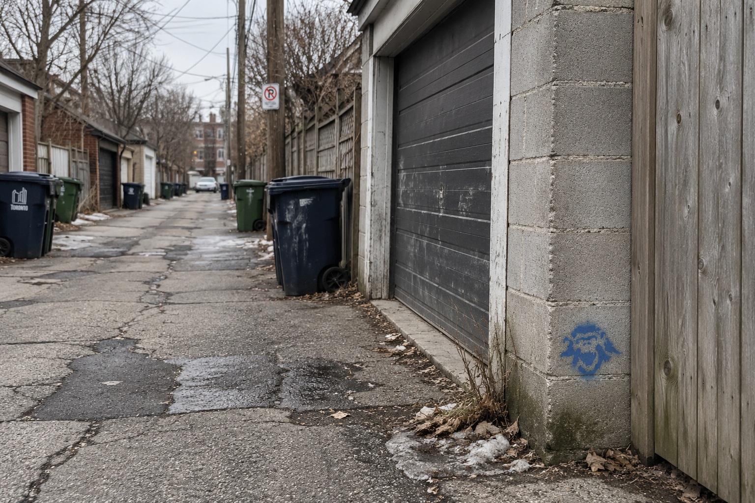 An ordinary Toronto laneway with a barely visible TORON10 trace near the lower right.