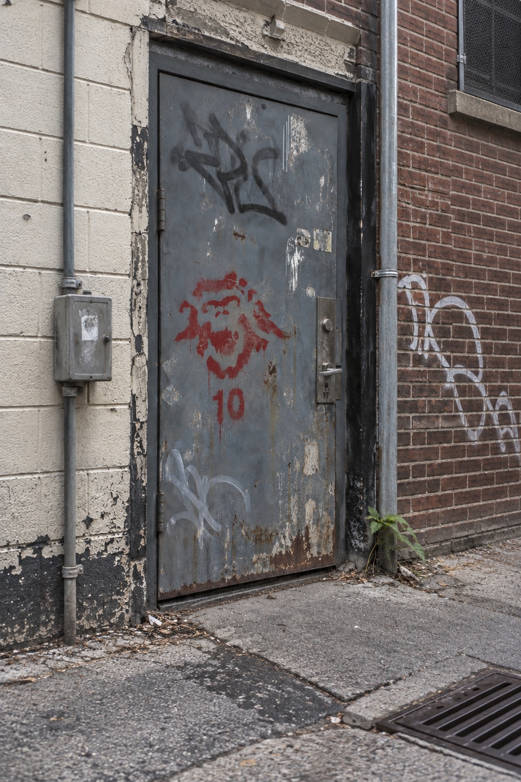 A sprayed TORON10 monkey mark on a metal laneway door.