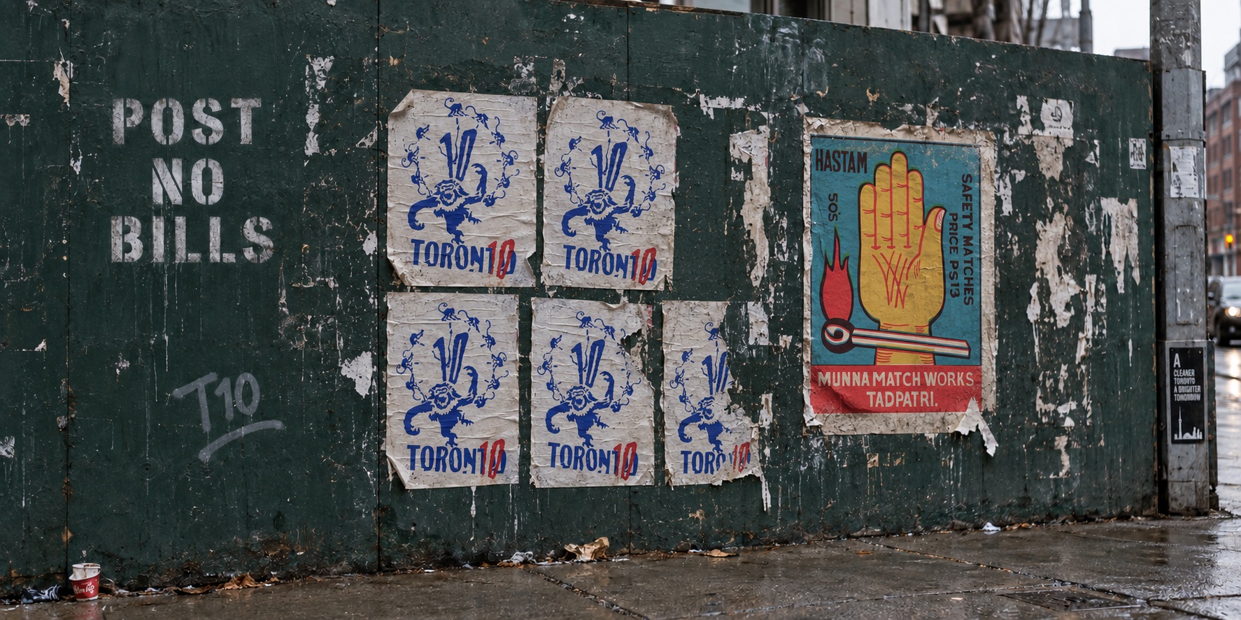 A wide poster wall with POST NO BILLS lettering and overlapping TORON10 paste-ups.