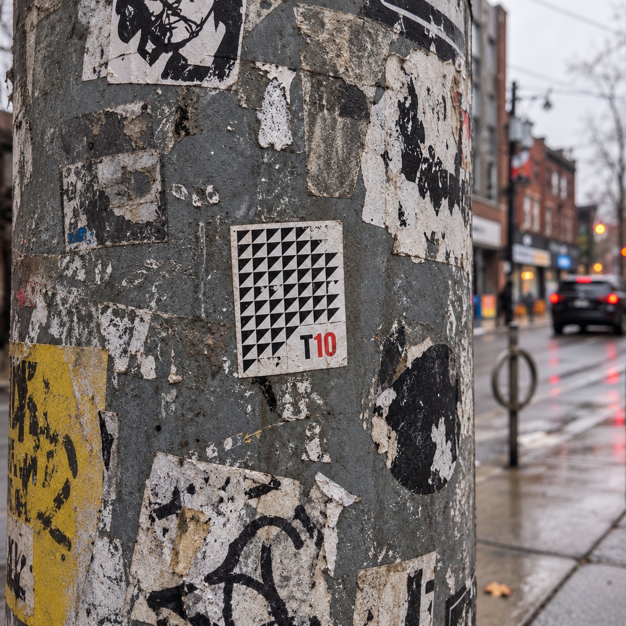 A cluster of weathered stickers with one small TORON10 mark.