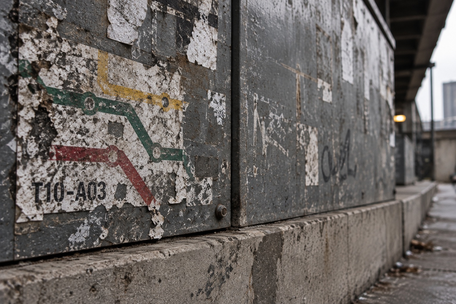 A fragment of transit-like line geometry on weathered city infrastructure.