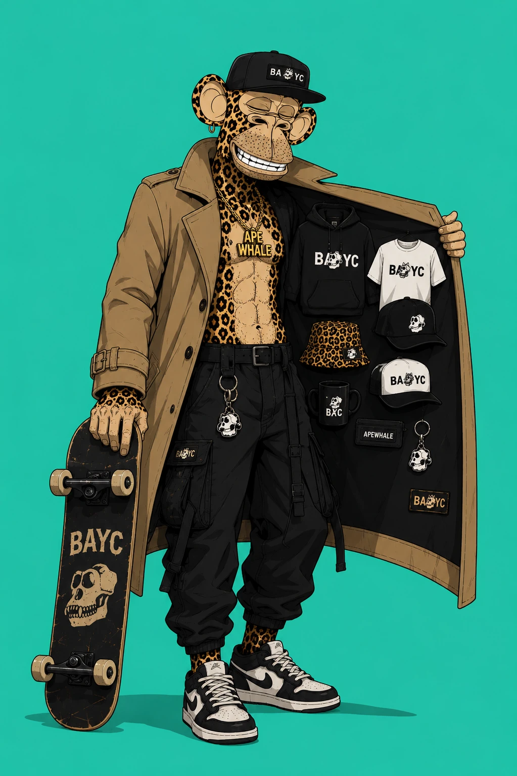 BAYC ape #7232, Apewhale, on a Aquamarine background.