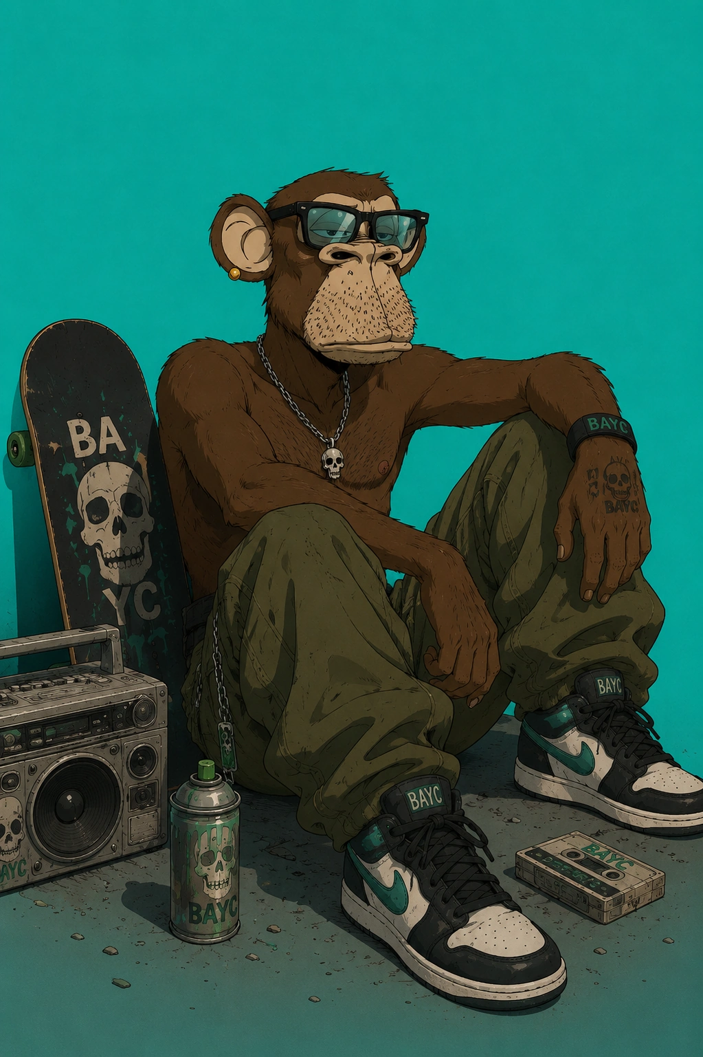 BAYC ape #8031, hugo, on a Aquamarine background.