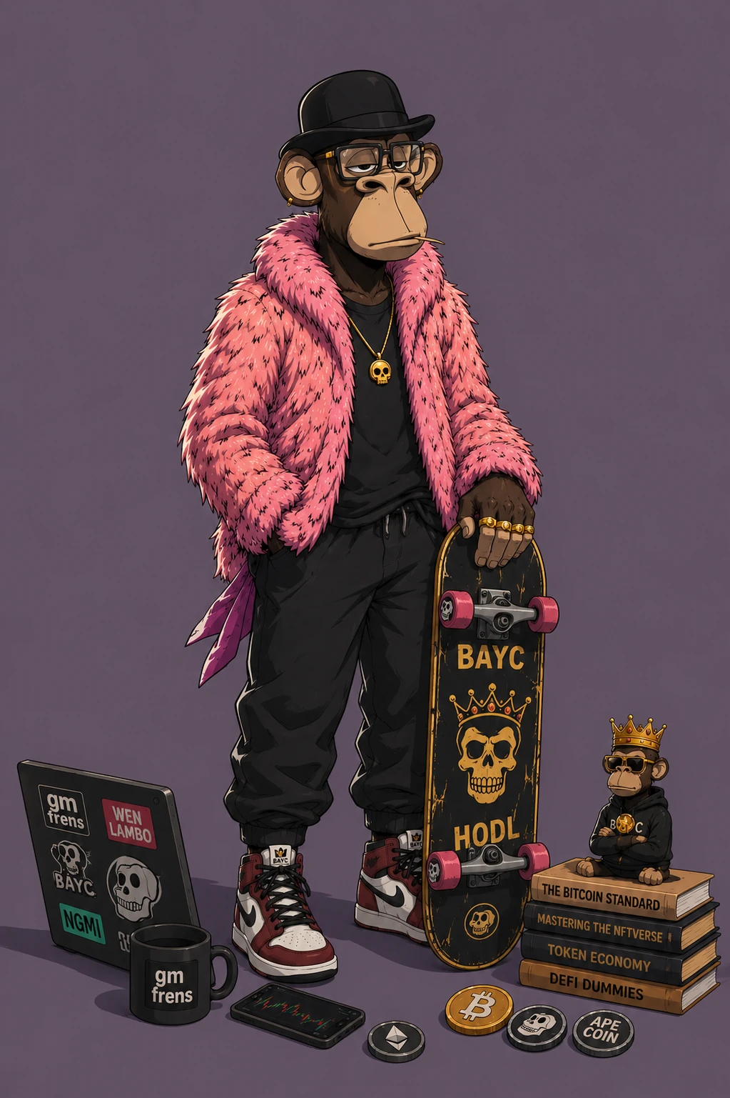 BAYC ape #8413, Dfarmer, on a Purple background.