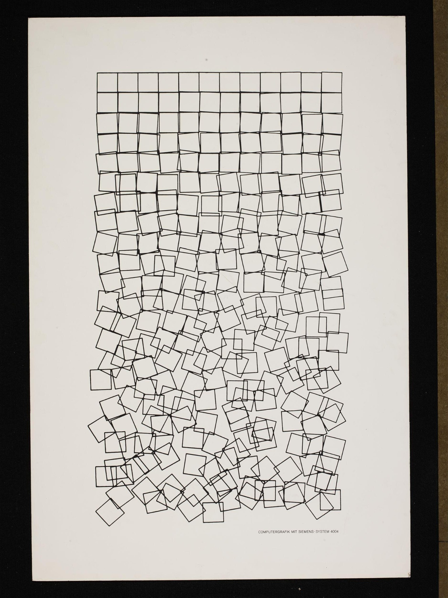 Georg Nees’s Schotter, a grid of outlined squares increasingly displaced across the page.