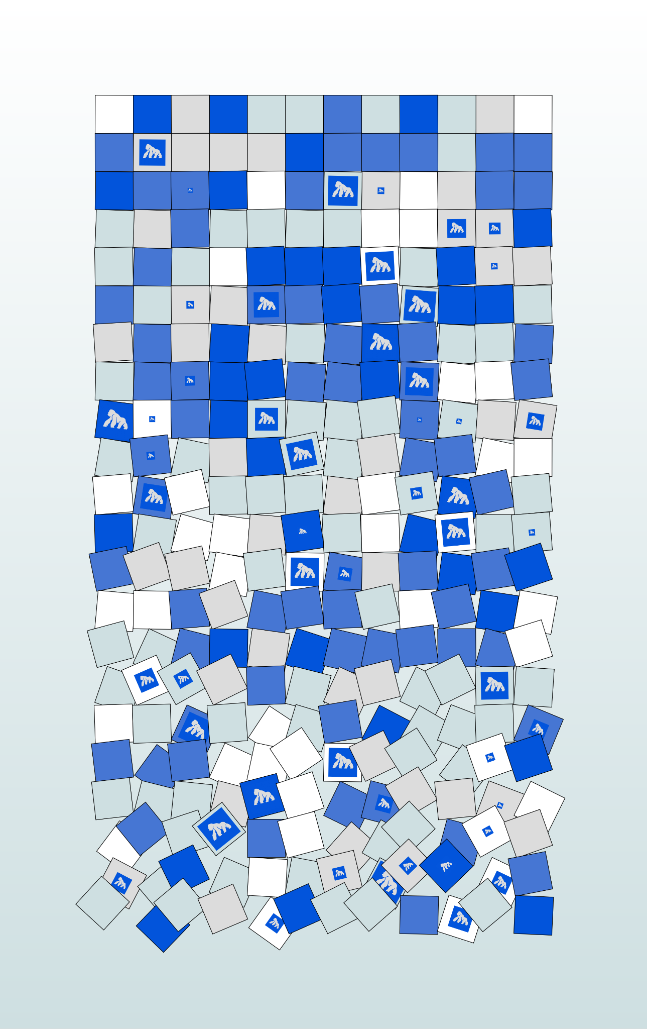 Generative block composition on a pale vertical blue gradient with scattered ApeChain marks.
