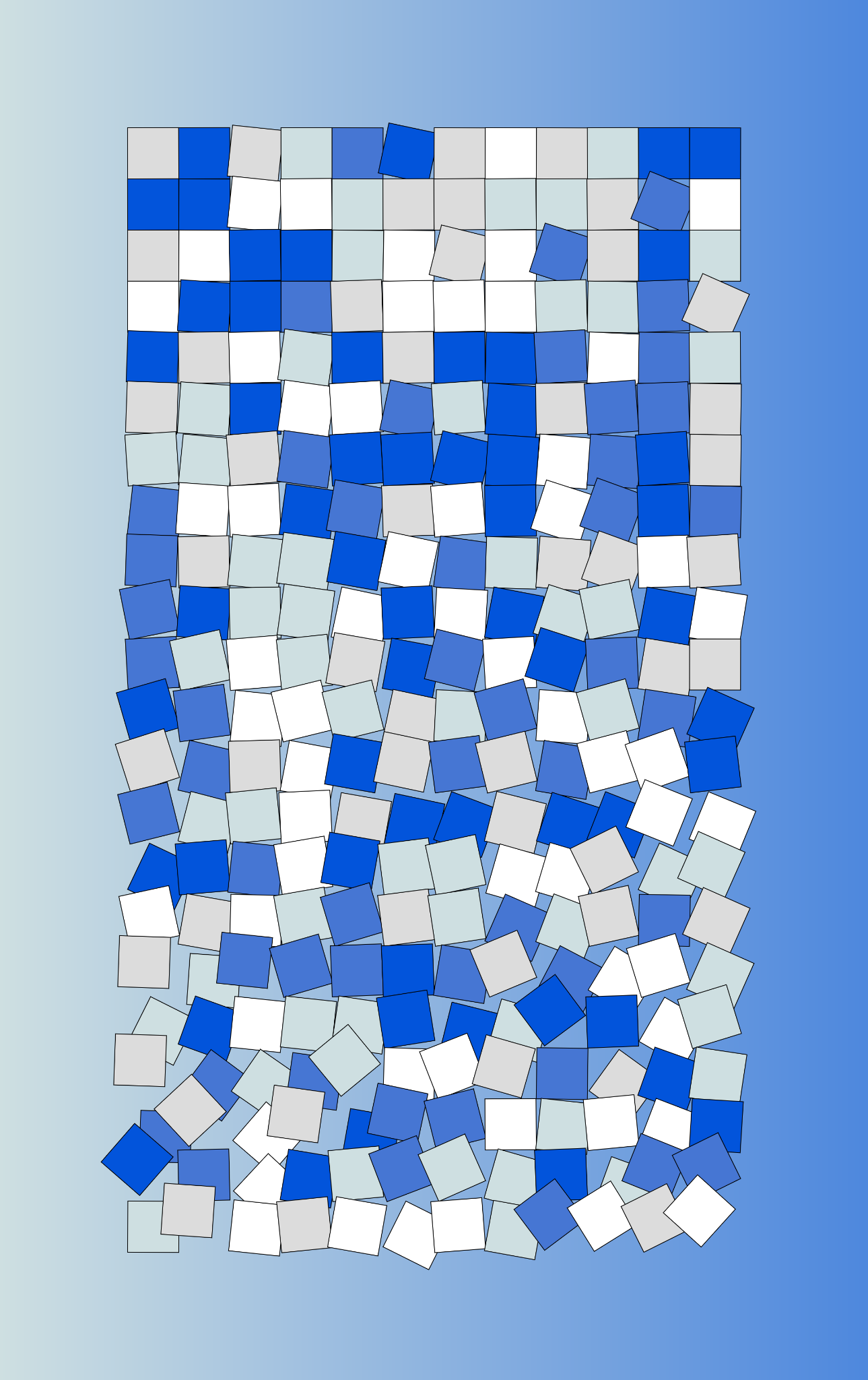 Generative block composition on a pale blue horizontal gradient with scattered square forms.