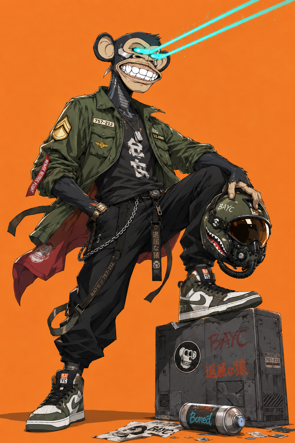 Illustrated BAYC character in olive streetwear holding a helmet against a vivid orange background.