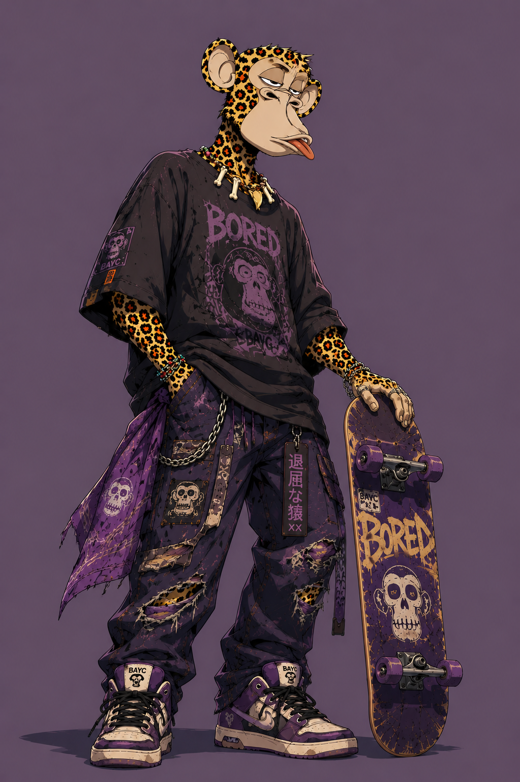 Illustrated leopard-pattern BAYC character with a skateboard against a muted purple background.