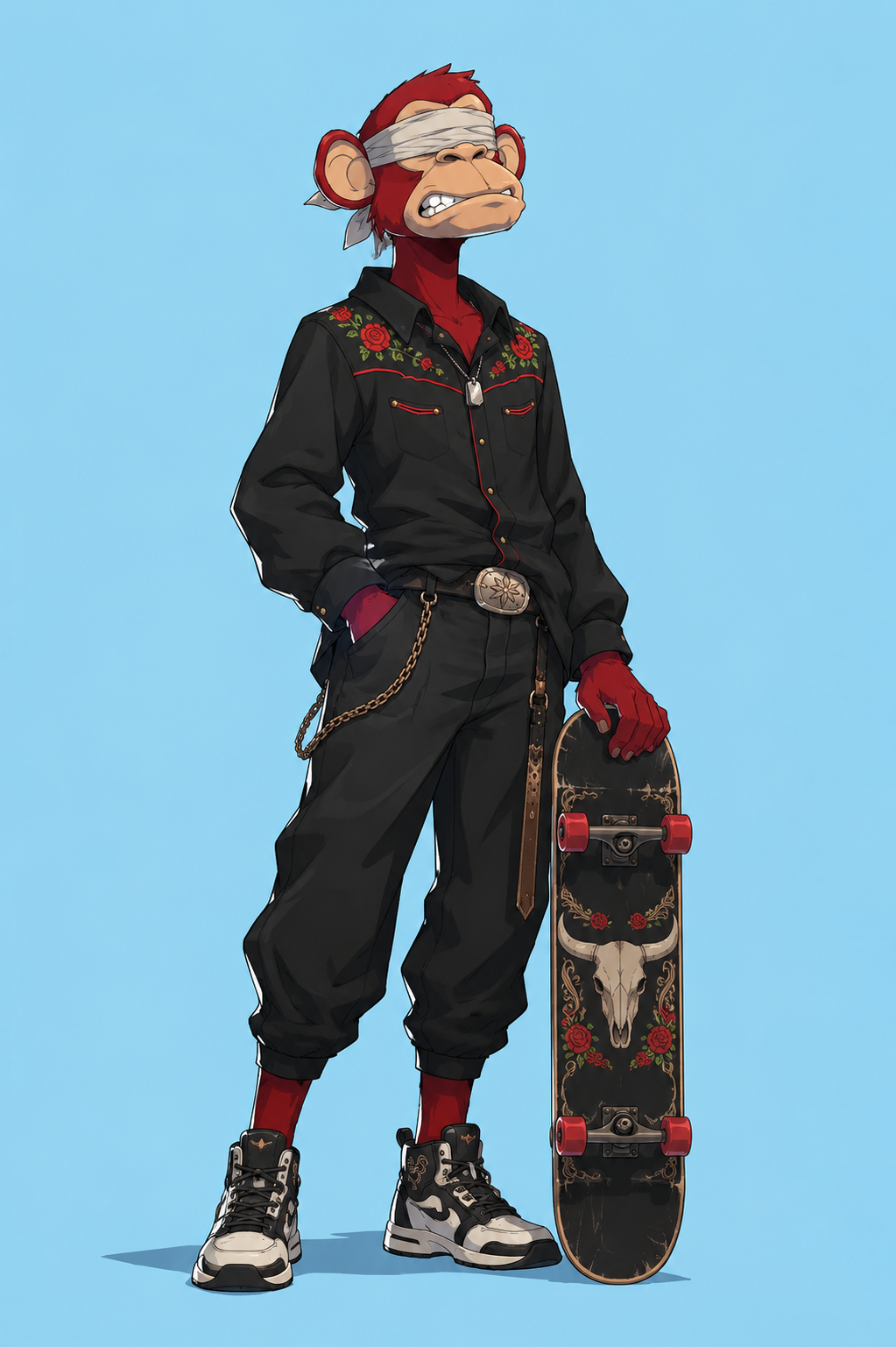 Illustrated red-haired BAYC character with a skateboard against a light blue background.