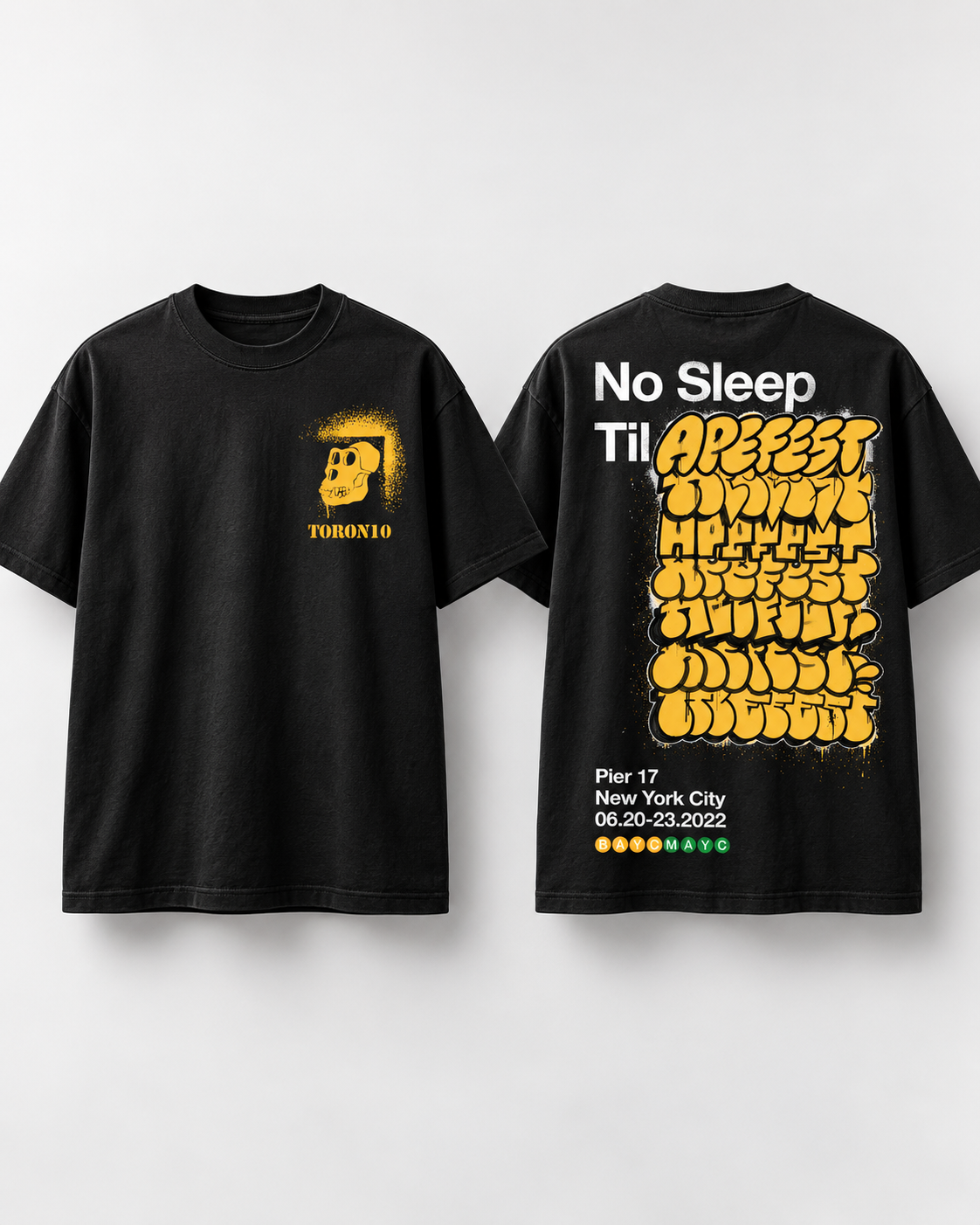 Black ApeFest NYC shirt shown from front and back. A small yellow skull and TORON10 mark sit on the left chest, with a large yellow event graphic on the back.
