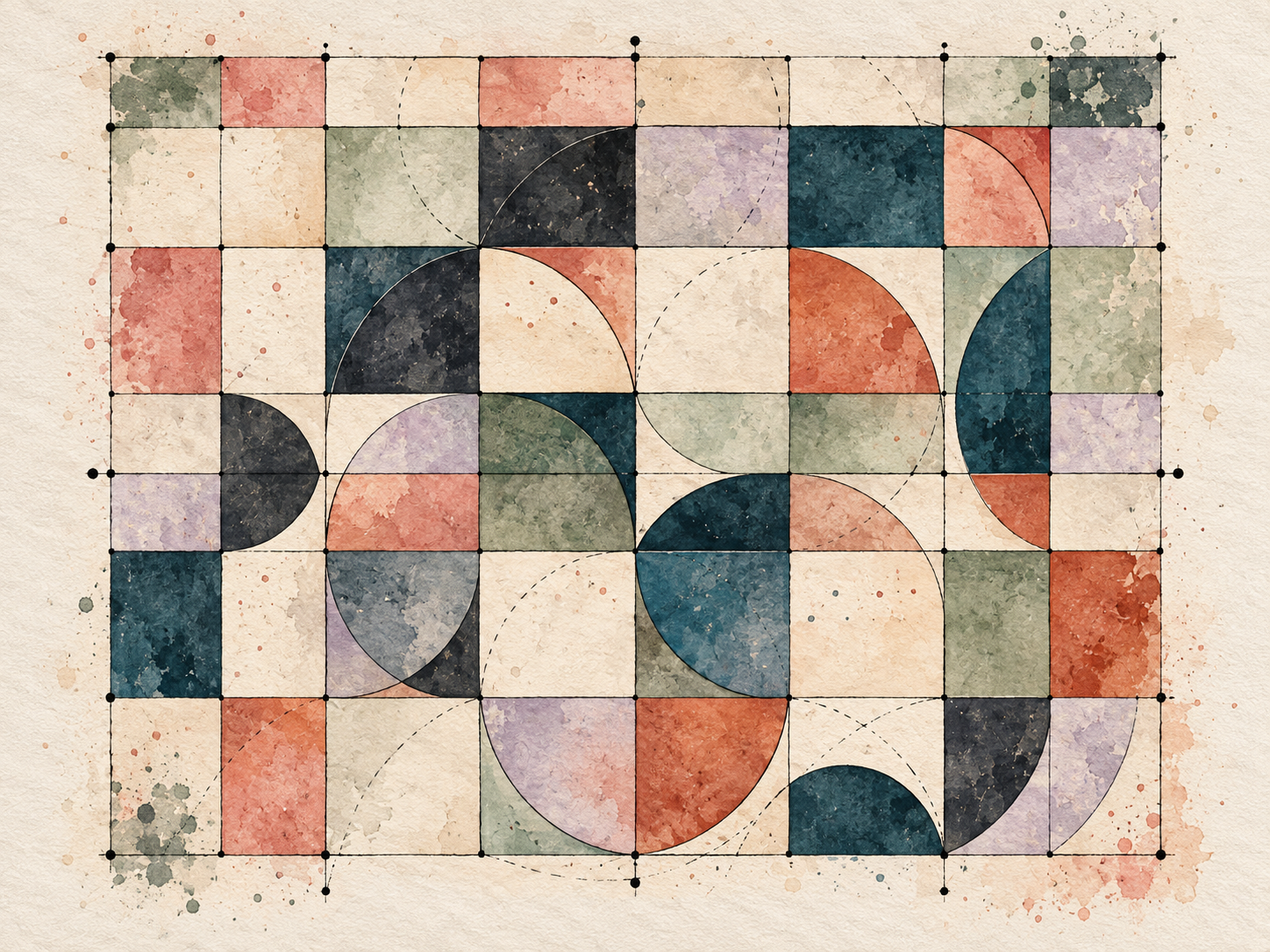 Geometric abstract artwork with painted modular shapes and plotted linework.