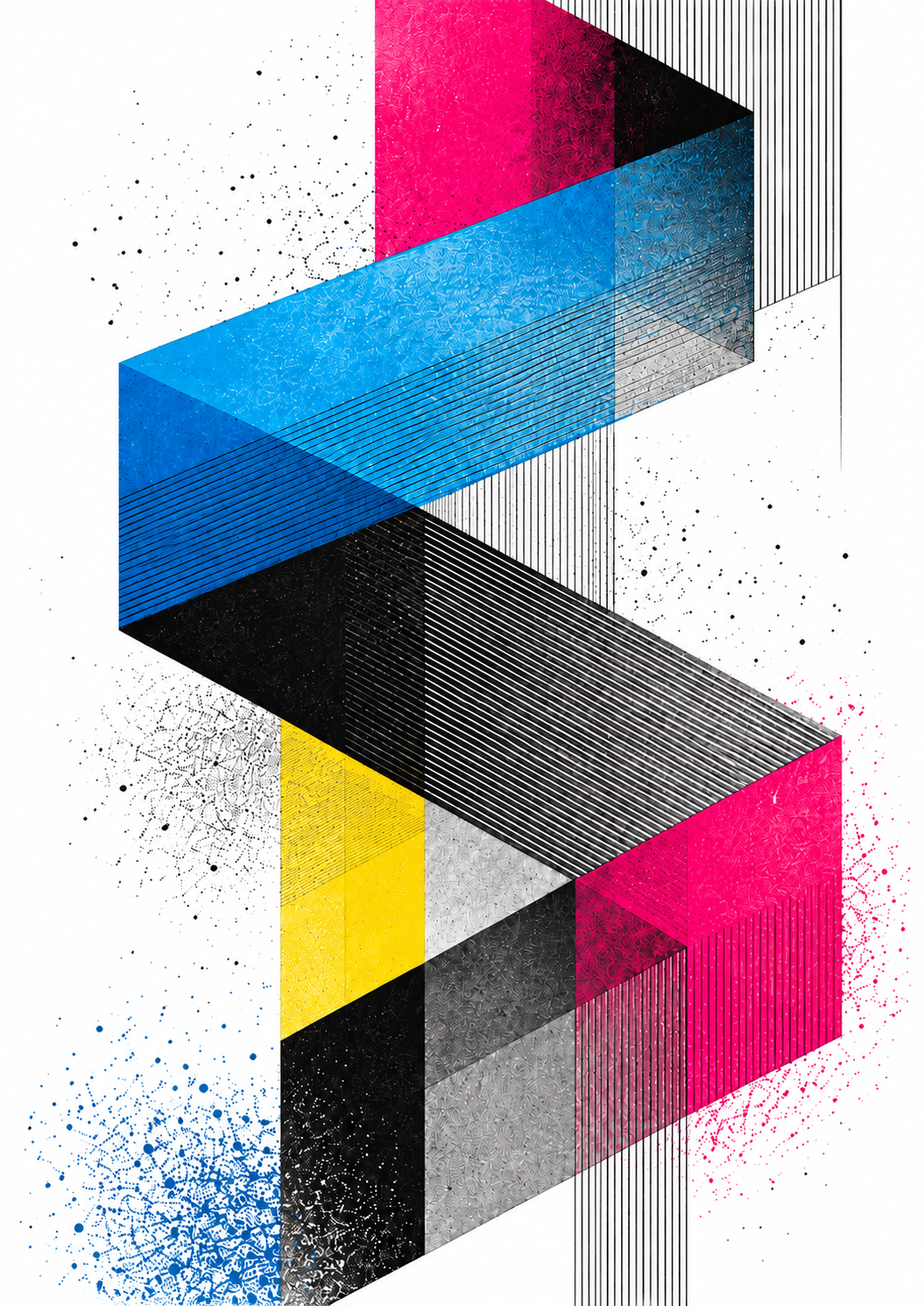 Folded planes of cyan, magenta, yellow and black, with parallel line fields and scattered marks