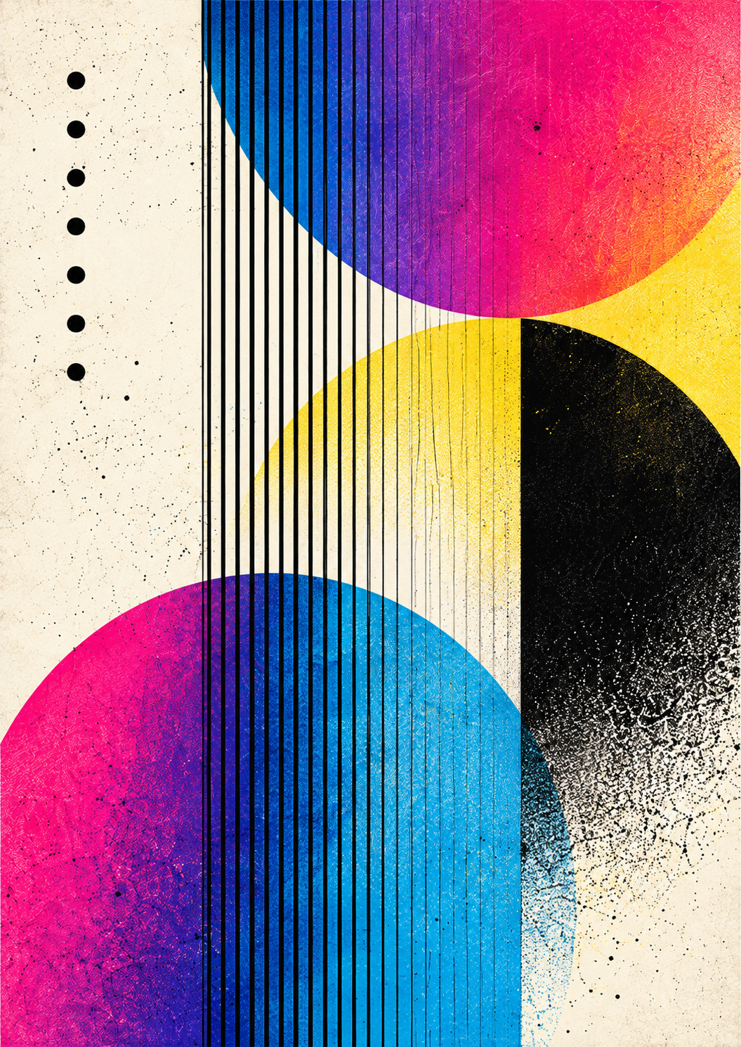 Vertical composition of overlapping coloured orbital forms, fine black vertical lines and open space