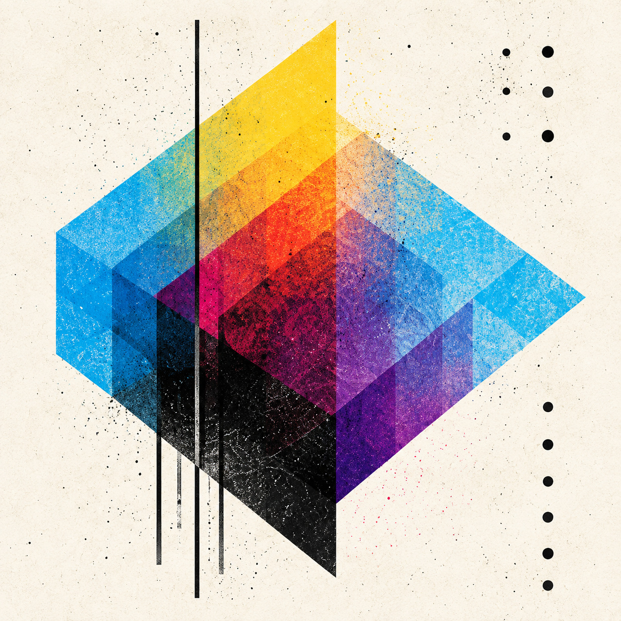 Square composition of overlapping transparent cyan, magenta, yellow and black geometric planes