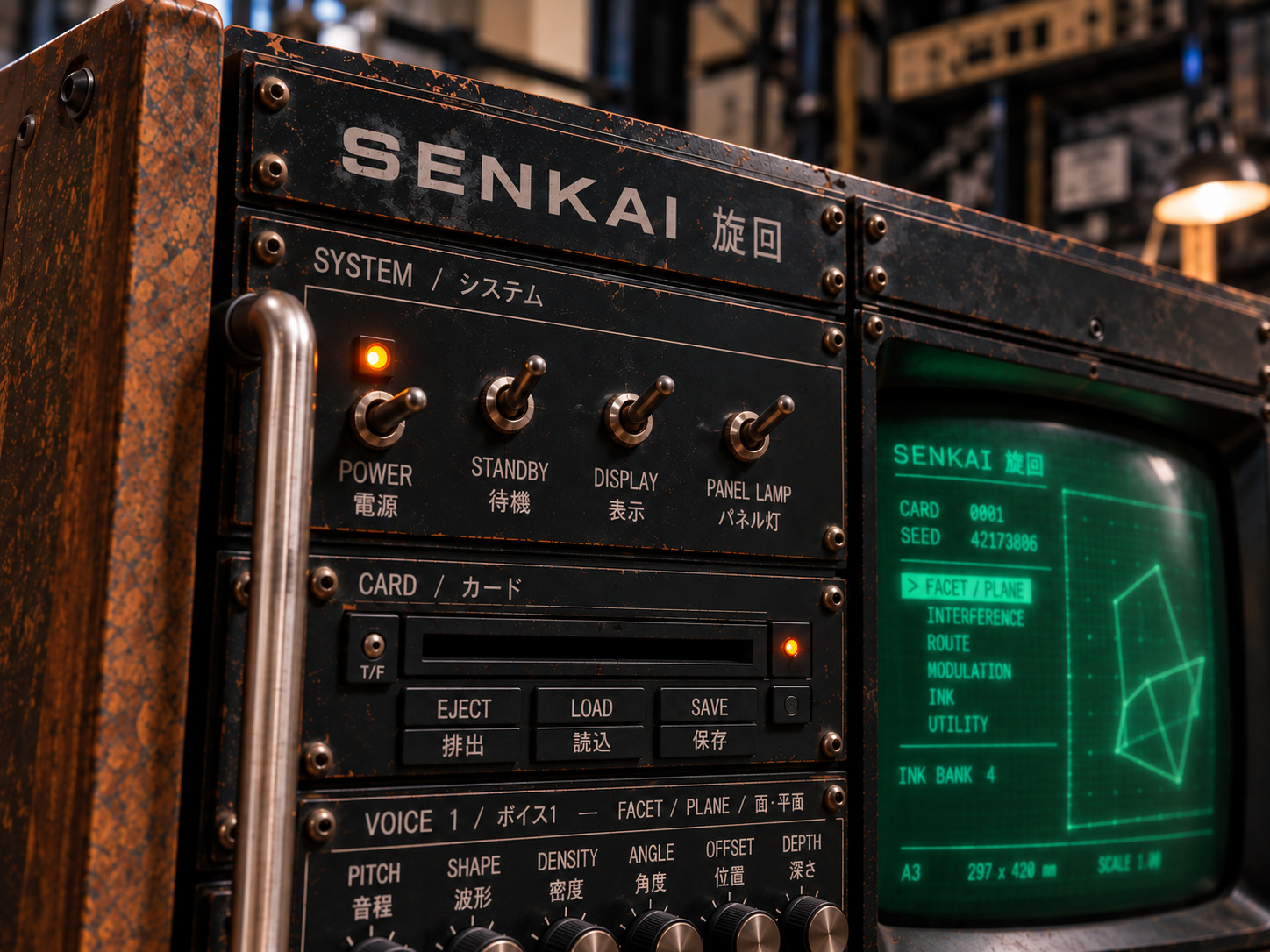 Close documentation view of the SENKAI-42 identification plate, CRT and controls