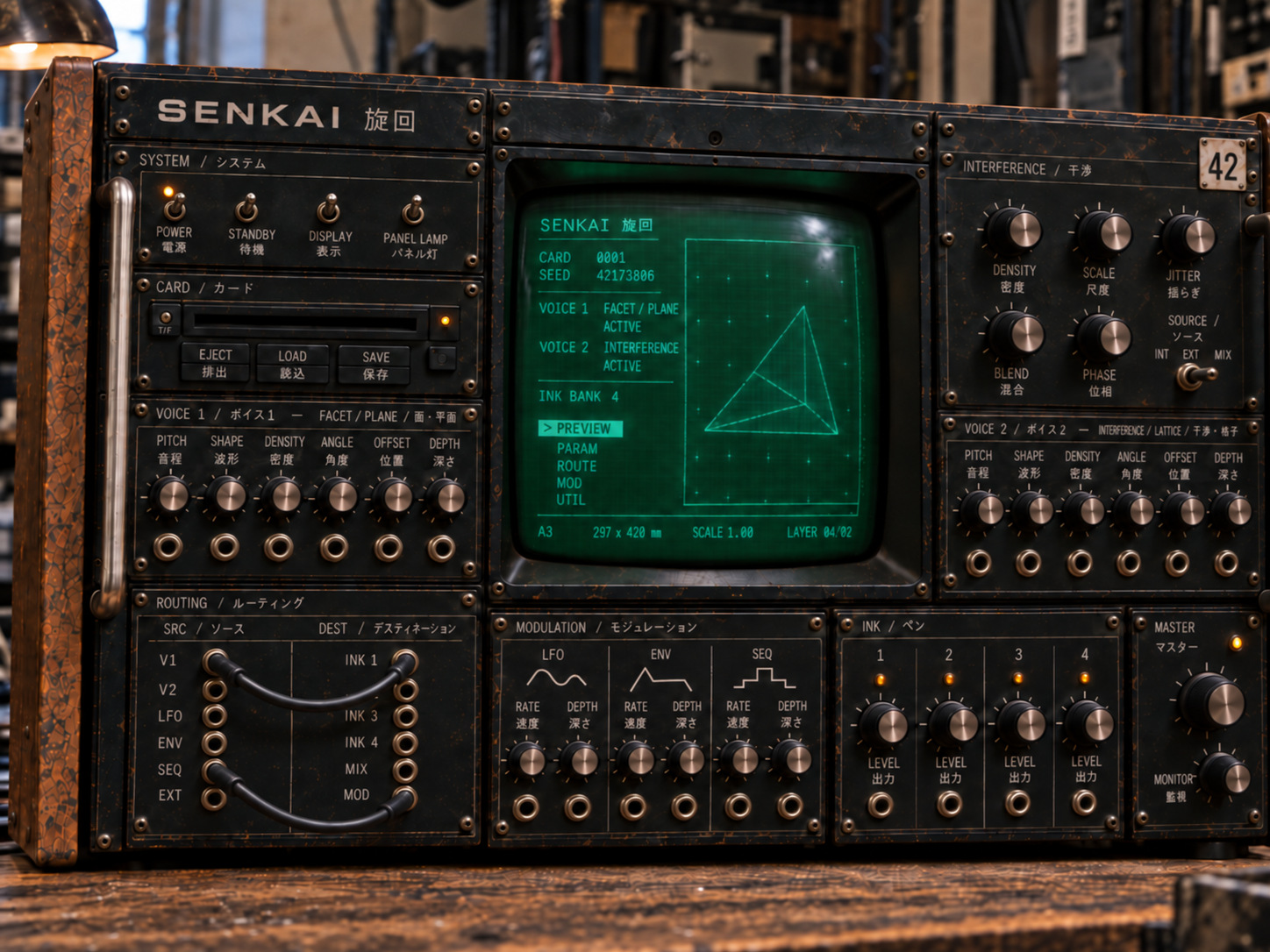 Front view of the powered-on SENKAI-42 instrument, showing its green CRT and physical controls