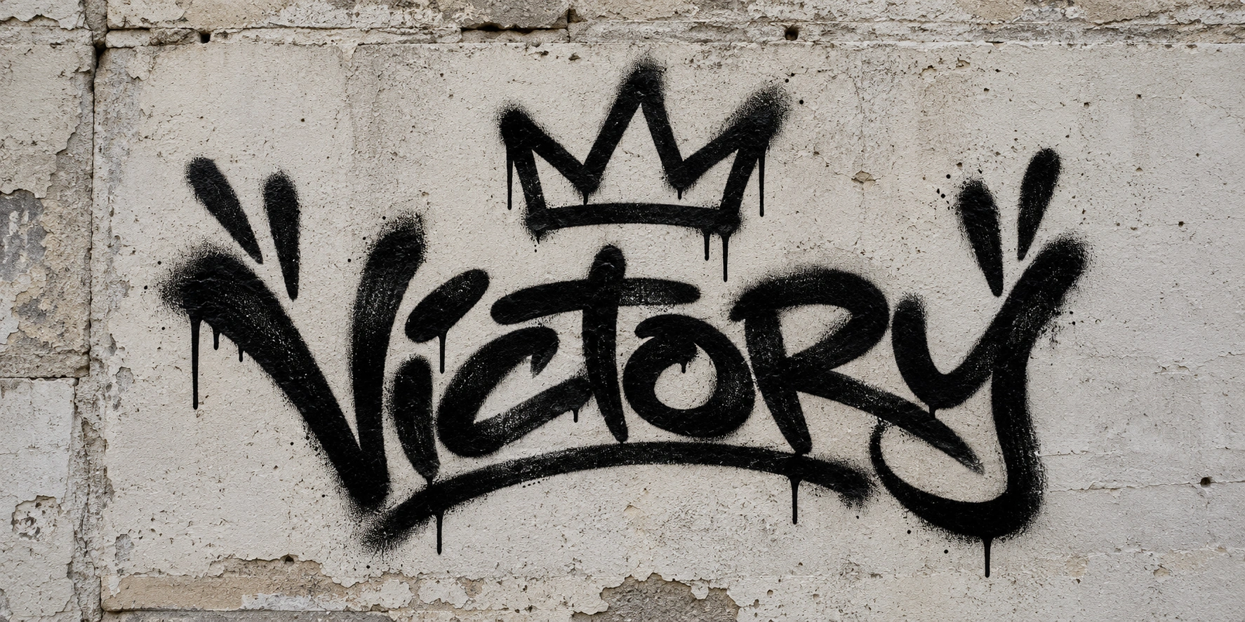 Black spray-painted Victory tag with crown and raised victory gestures